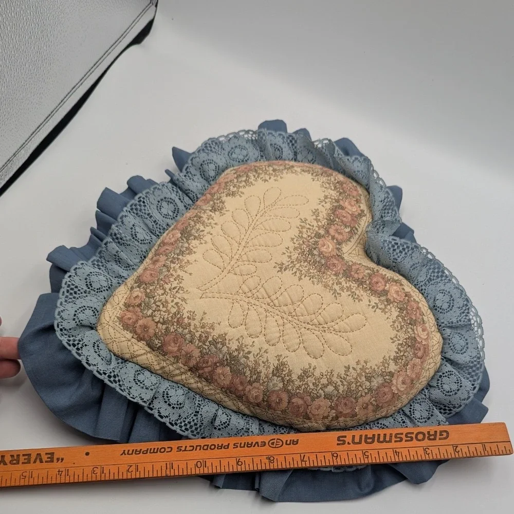 Vintage Cottagecore Heart Throw Pillow Blue Floral Quilted Lace Ruffle 15in 90s